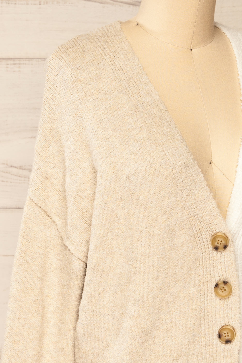 Rydultowy Beige Soft Knit V-Neck Cardigan | La petite garçonne side close-up