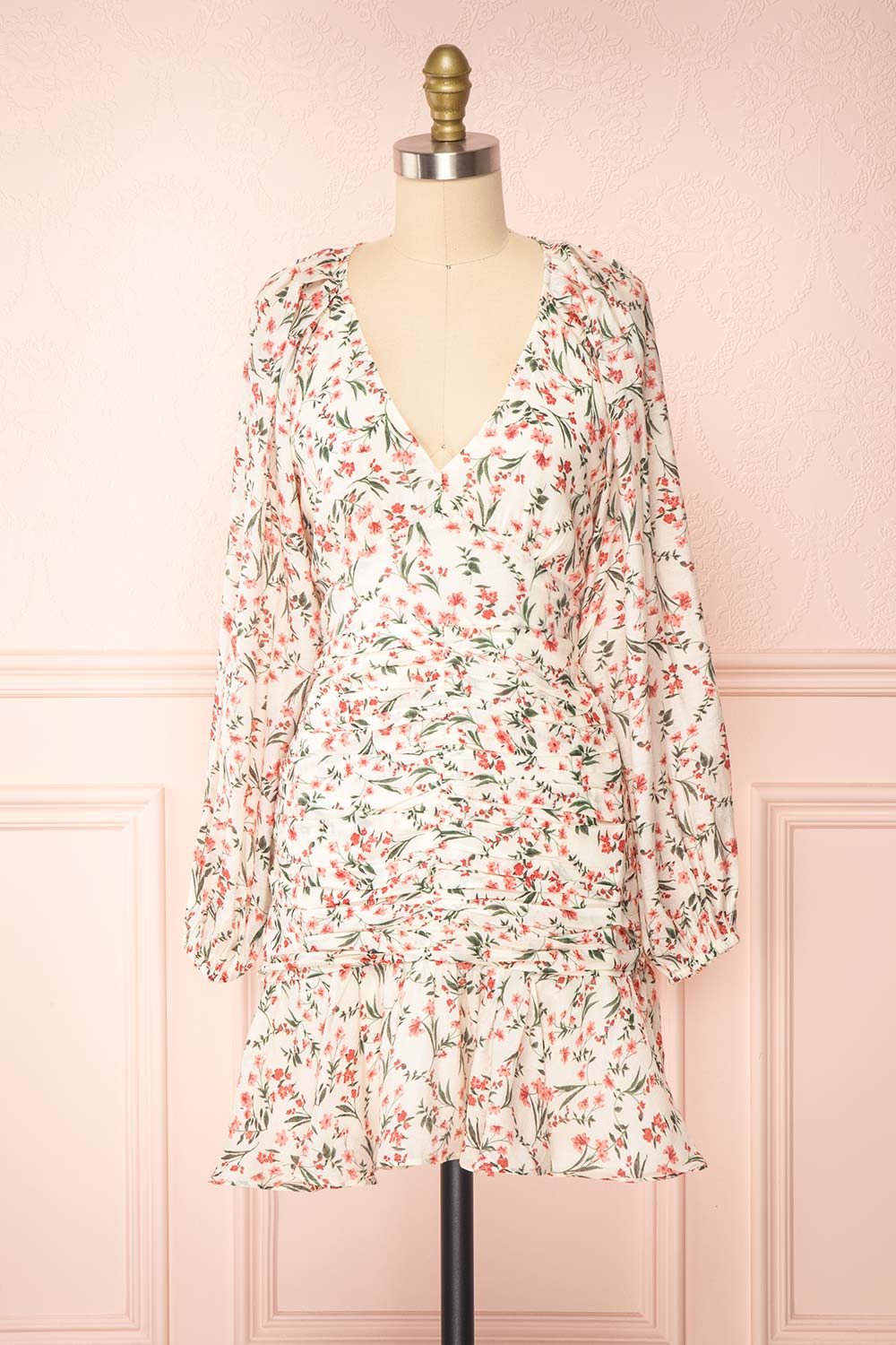 Sabine White Long Sleeve V-Neck Floral Short Dress