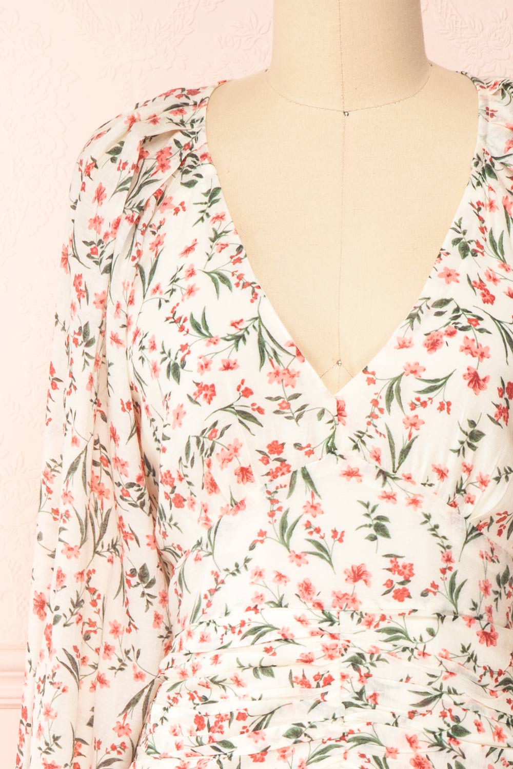 Sabine V Neck Floral Dress With Puff Sleeves | Boutique 1861 front close-up