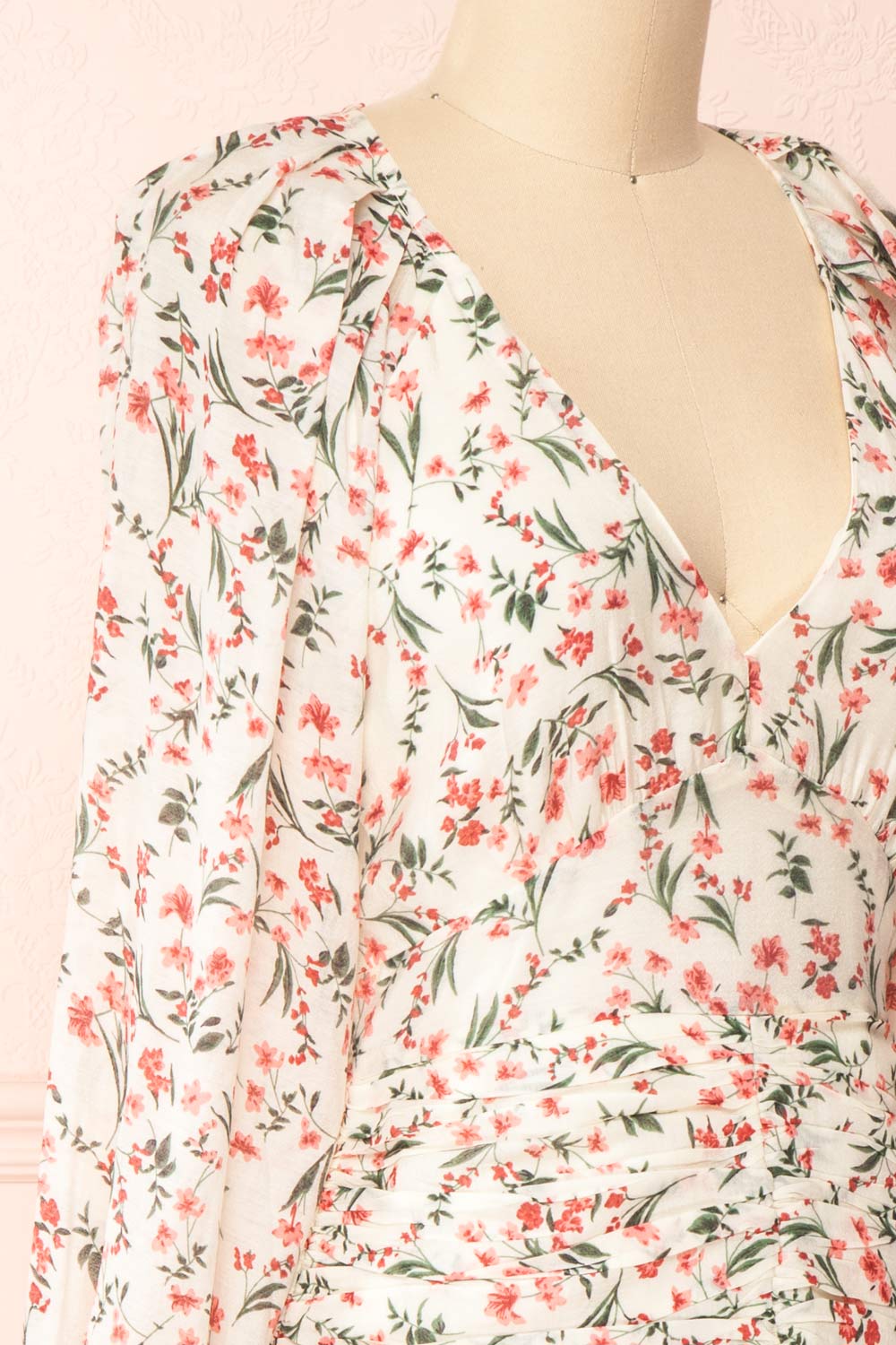 Sabine V Neck Floral Dress With Puff Sleeves | Boutique 1861 side close-up