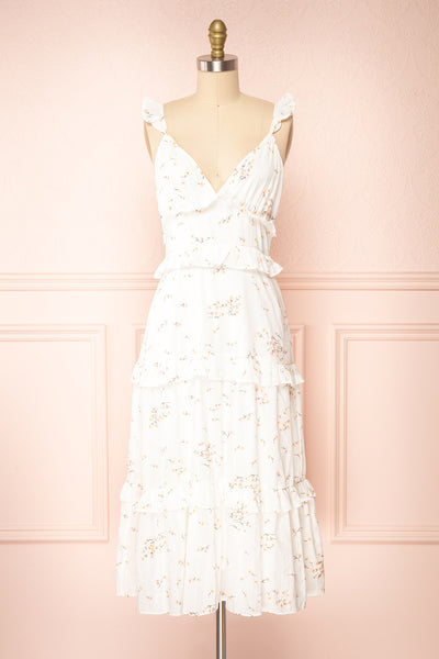 Samade White Tiered Floral Midi Dress w/ Ruffles | Boutique 1861 front view