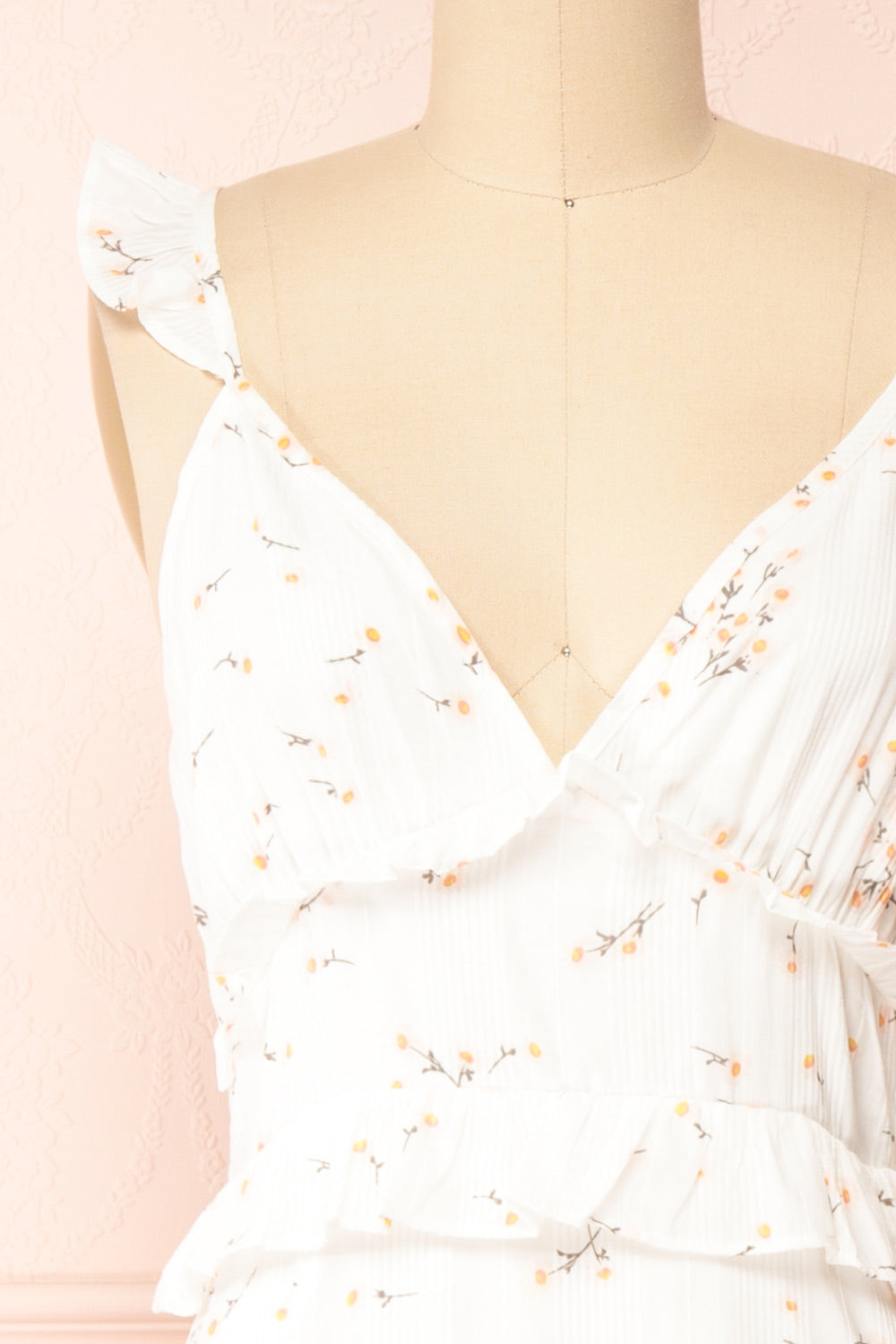 Samade White Tiered Floral Midi Dress w/ Ruffles | Boutique 1861 front close-up