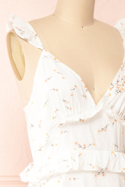 Samade White Tiered Floral Midi Dress w/ Ruffles | Boutique 1861 side close-up