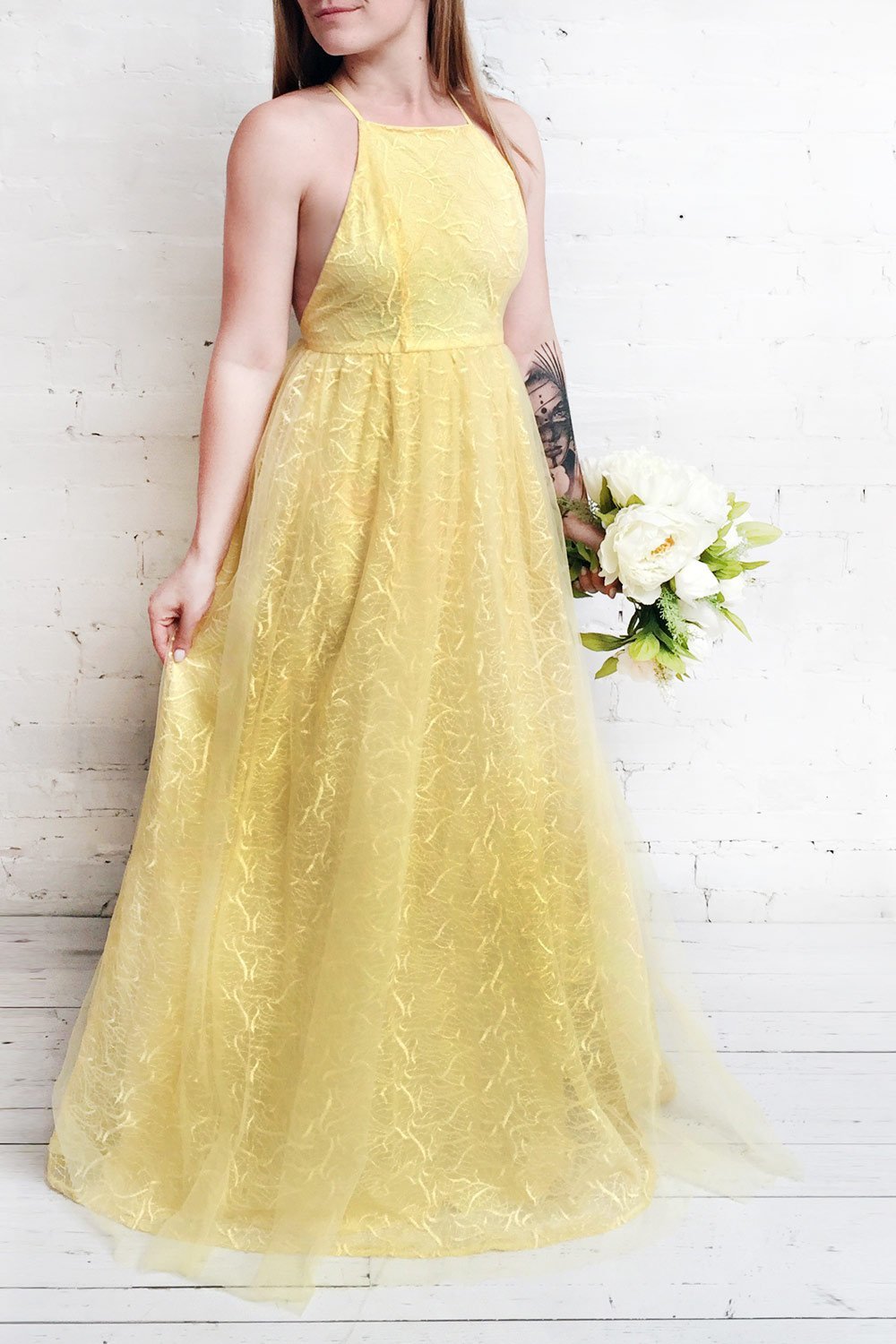 Samadi Soleil Yellow Embroidered Maxi Gown on mannequin | Boutique 1861