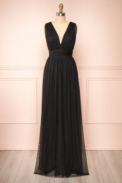 Samina Black Tulle Maxi Dress w/ Plunging Neckline  | Boudoir 1861 front view