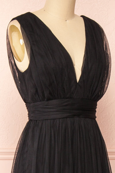 Samina Black Tulle Maxi Dress w/ Plunging Neckline  | Boudoir 1861 side close-up