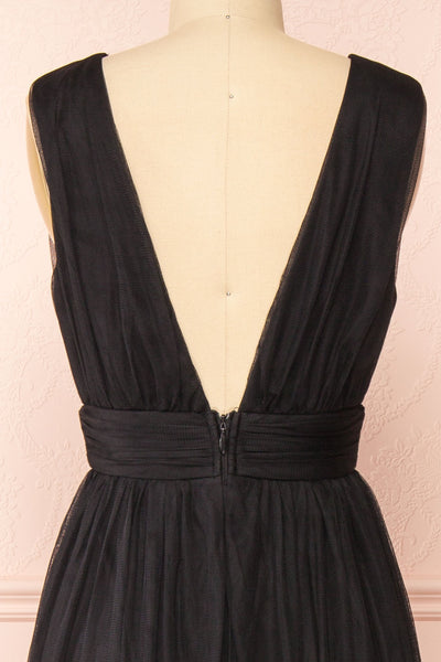 Samina Black Tulle Maxi Dress w/ Plunging Neckline  | Boudoir 1861 back close-up