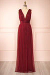 Samina Burgundy Tulle Maxi Dress w/ Plunging Neckline | Boudoir 1861 front view