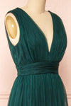 Samina Green Tulle Maxi Dress w/ Plunging Neckline | Boudoir 1861 side close-up