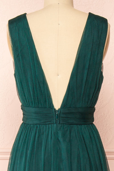 Samina Green Tulle Maxi Dress w/ Plunging Neckline | Boudoir 1861 back close-up