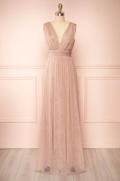 Samina Taupe Tulle Maxi Dress w/ Plunging Neckline | Boudoir 1861 front view
