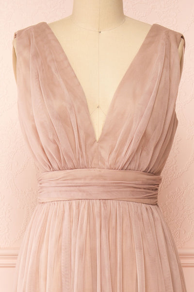 Samina Taupe Tulle Maxi Dress w/ Plunging Neckline |  Boudoir 1861 front close-up