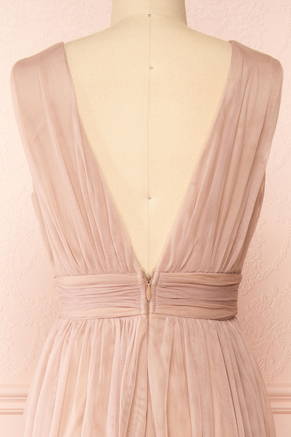 Samina Taupe Tulle Maxi Dress w/ Plunging Neckline | Boudoir 1861 back close-up