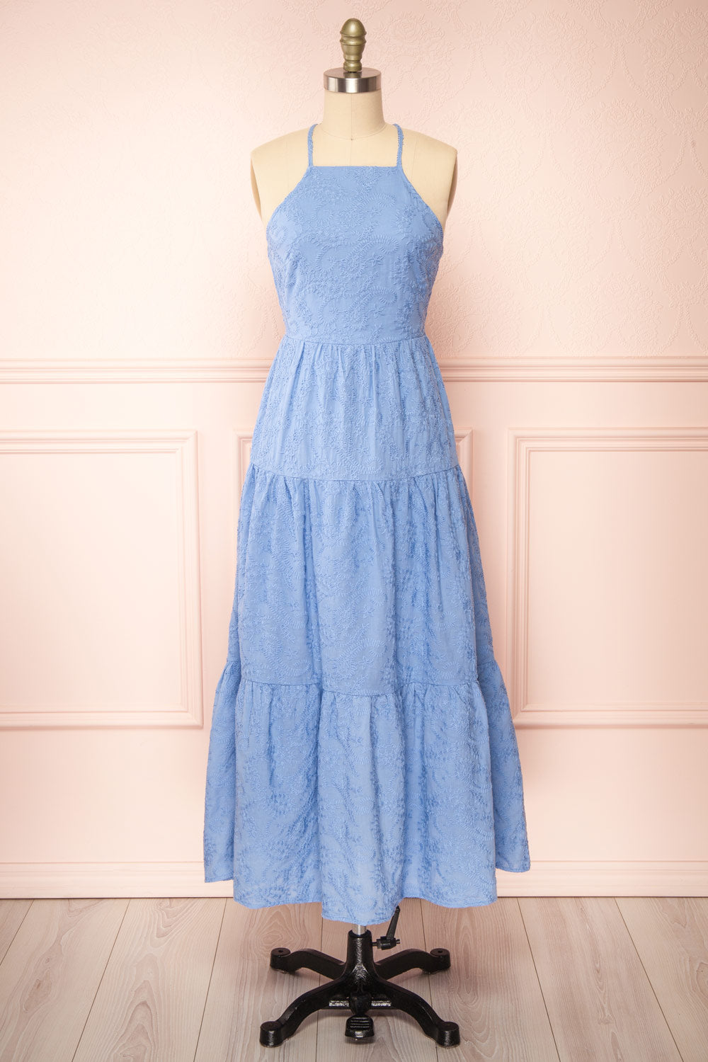 Sangarios Blue Midi Dress w/ Floral Embroidery | Boutique 1861 front view