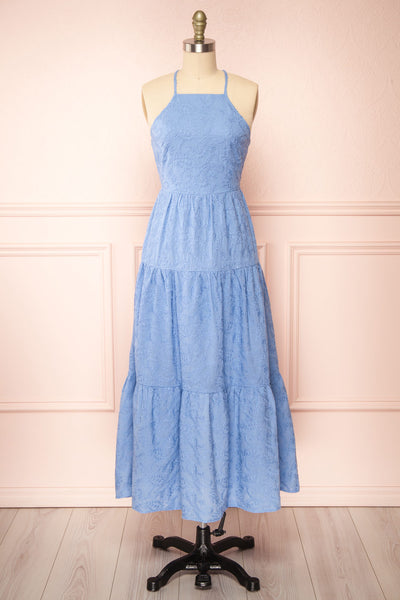 Sangarios Blue Midi Dress w/ Floral Embroidery | Boutique 1861 front view