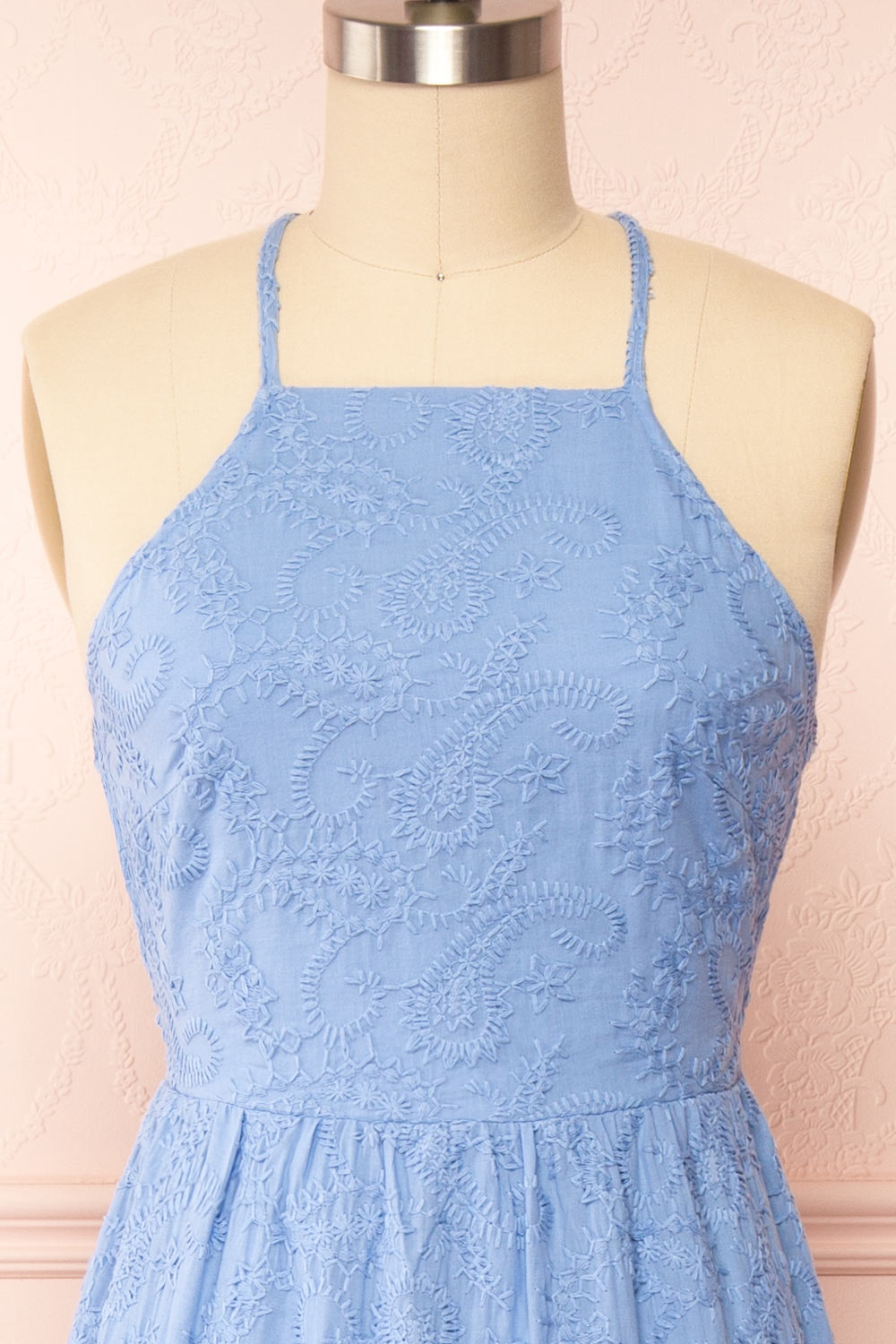 Sangarios Blue Midi Dress w/ Floral Embroidery | Boutique 1861