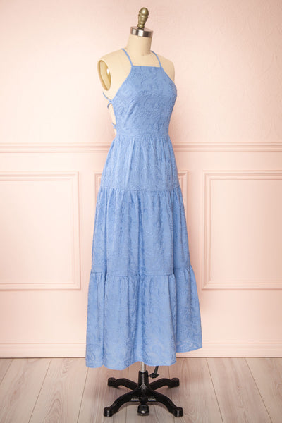 Sangarios Blue Midi Dress w/ Floral Embroidery | Boutique 1861 side view