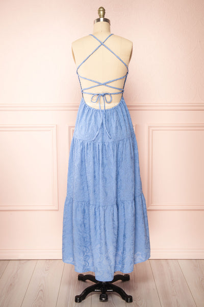 Sangarios Blue Midi Dress w/ Floral Embroidery | Boutique 1861back view