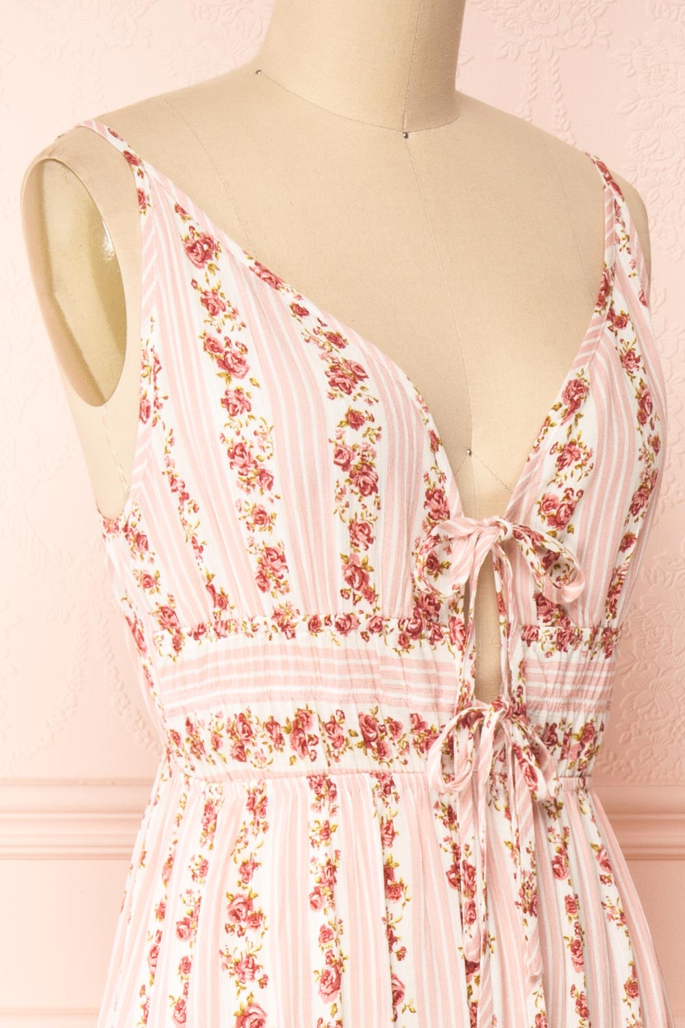 Sanmu Pink Thin Straps Floral Maxi Dress | Boutique 1861  side close-up