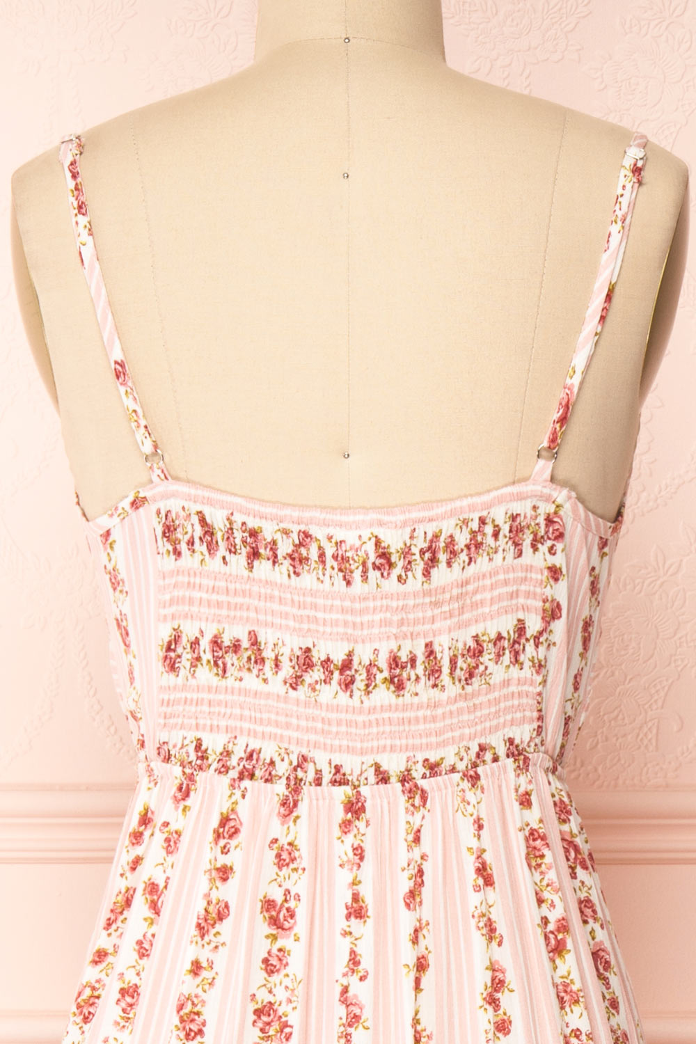 Sanmu Pink Thin Straps Floral Maxi Dress | Boutique 1861  back close-up
