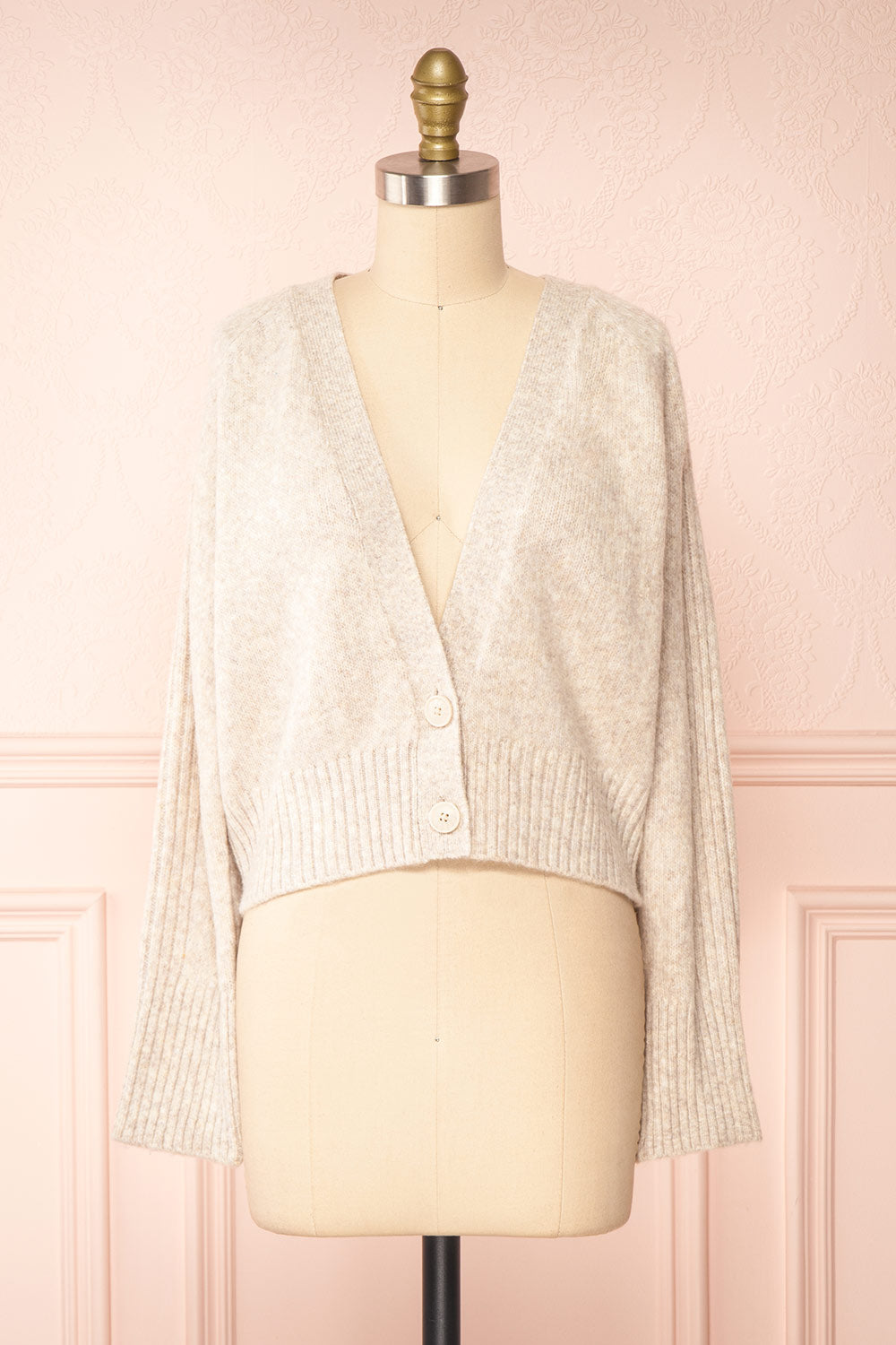 Sansia Beige Soft V-Neck Cardigan | Boutique 1861 front view