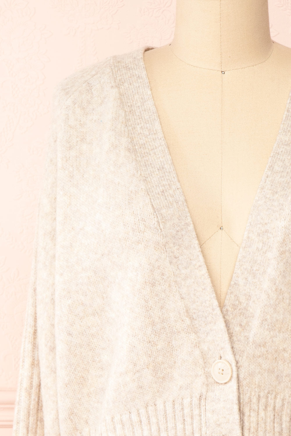 Sansia Beige Soft V-Neck Cardigan | Boutique 1861 front close-up