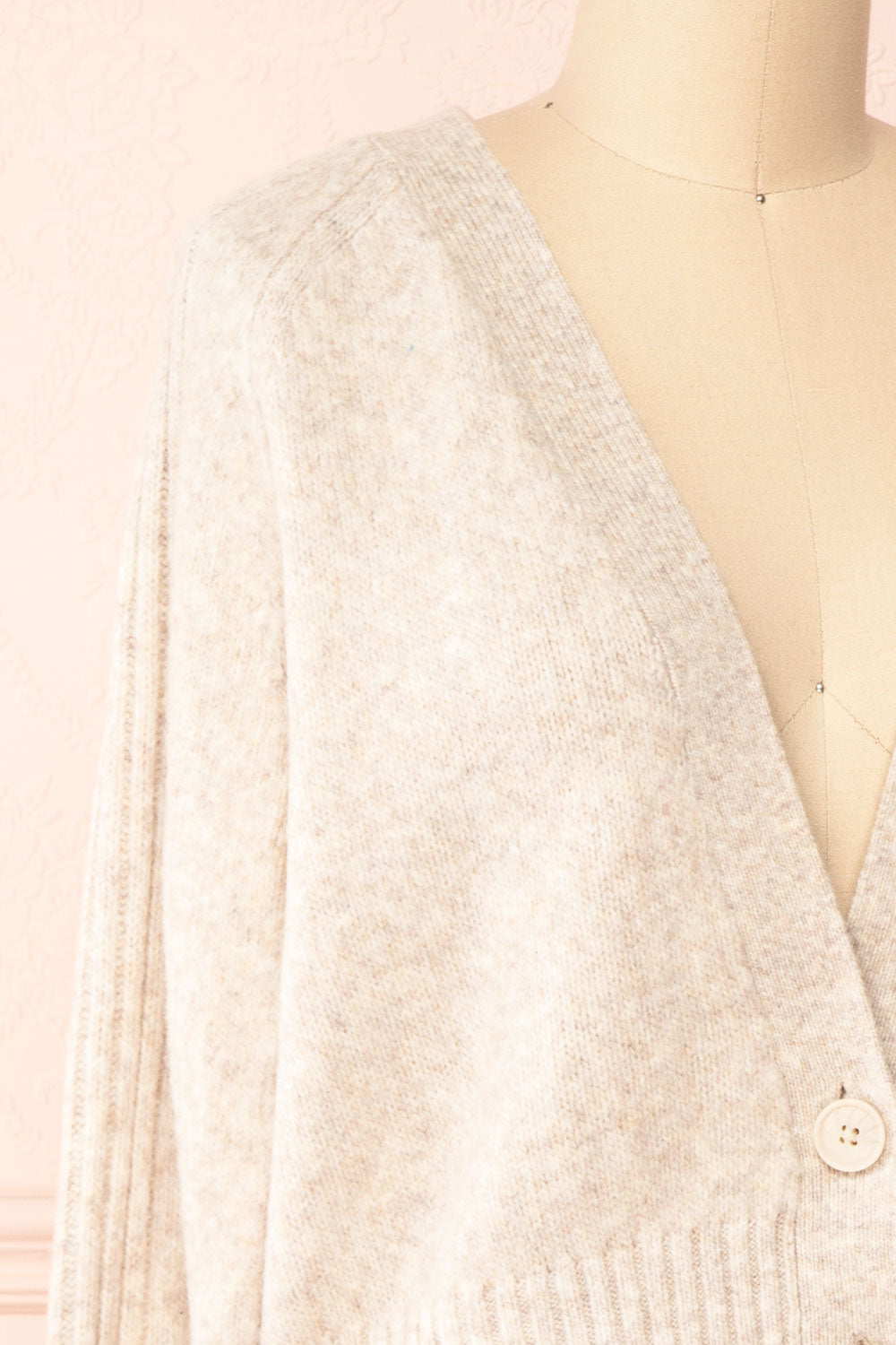 Sansia Beige Soft V-Neck Cardigan | Boutique 1861 side close-up