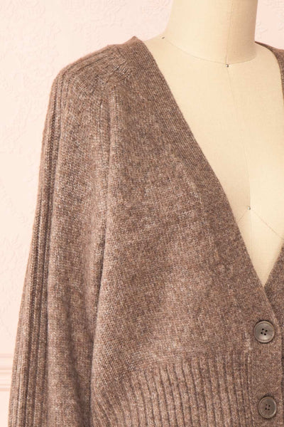Sansia Taupe Soft V-Neck Cardigan | Boutique 1861 side close-up