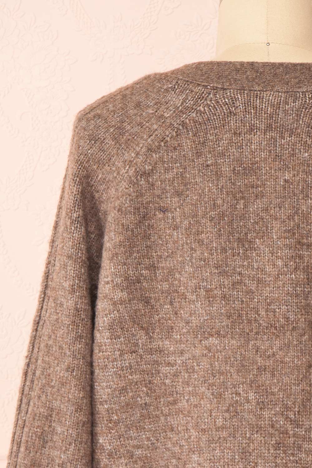 Sansia Taupe Soft V-Neck Cardigan | Boutique 1861 back close-up