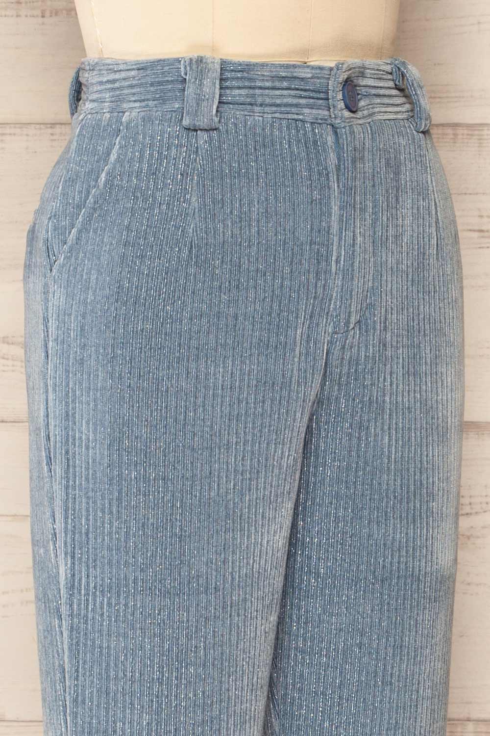 Sant-boi Blue Shimmery Corduroy Pants | La petite garçonne side close-up