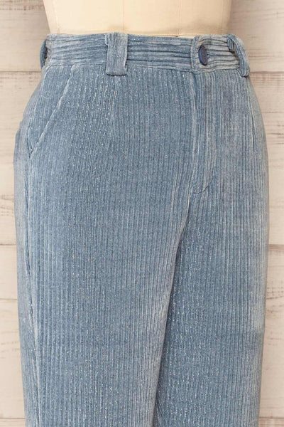 Sant-boi Blue Shimmery Corduroy Pants | La petite garçonne side close-up