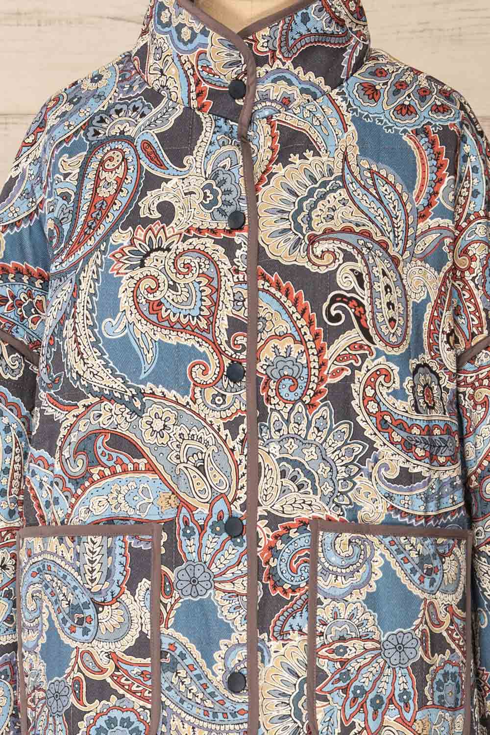 Santa Cruz Blue Quilted Paisley Denim Jacket | La petite garçonne front close-up