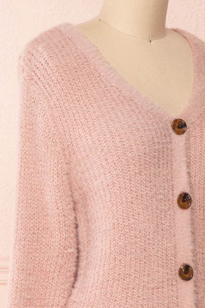 Saori Pink Knit Button-Up Cardigan | Boutique 1861 side close-up