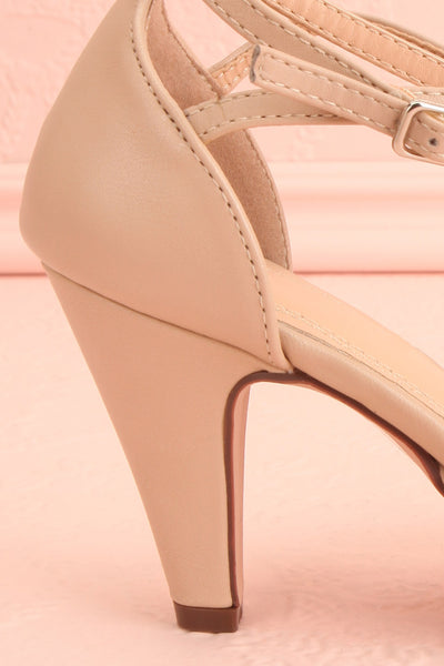 Sapinette Beige Round Toe Heeled Shoes | Boutique 1861 side back close-up