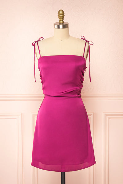 Sarah Mauve Short Satin Dress w/ Tie Straps | Boutique 1861 front view