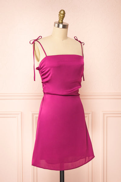 Sarah Mauve Short Satin Dress w/ Tie Straps | Boutique 1861 side close-up