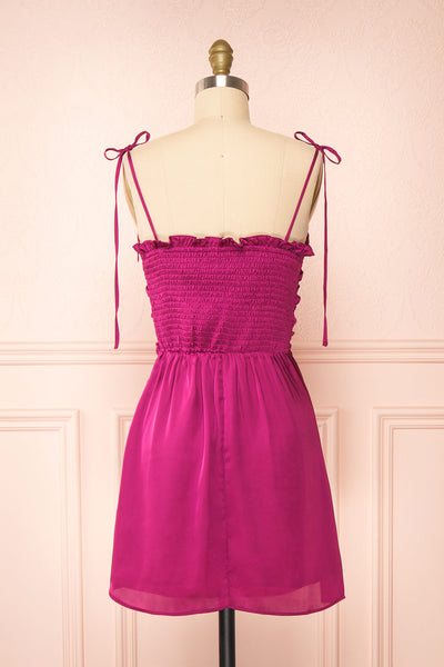 Sarah Mauve Short Satin Dress w/ Tie Straps | Boutique 1861 back view