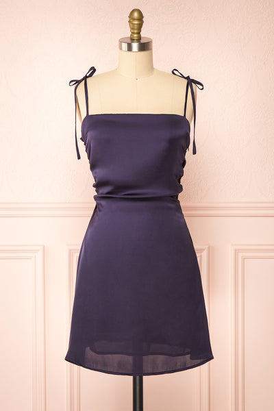 Sarah Navy Short Satin Dress w/ Tie Straps | Boutique 1861 front view