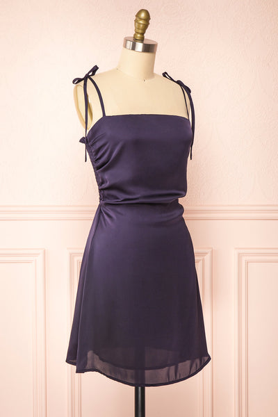 Sarah Navy Short Satin Dress w/ Tie Straps | Boutique 1861 side view