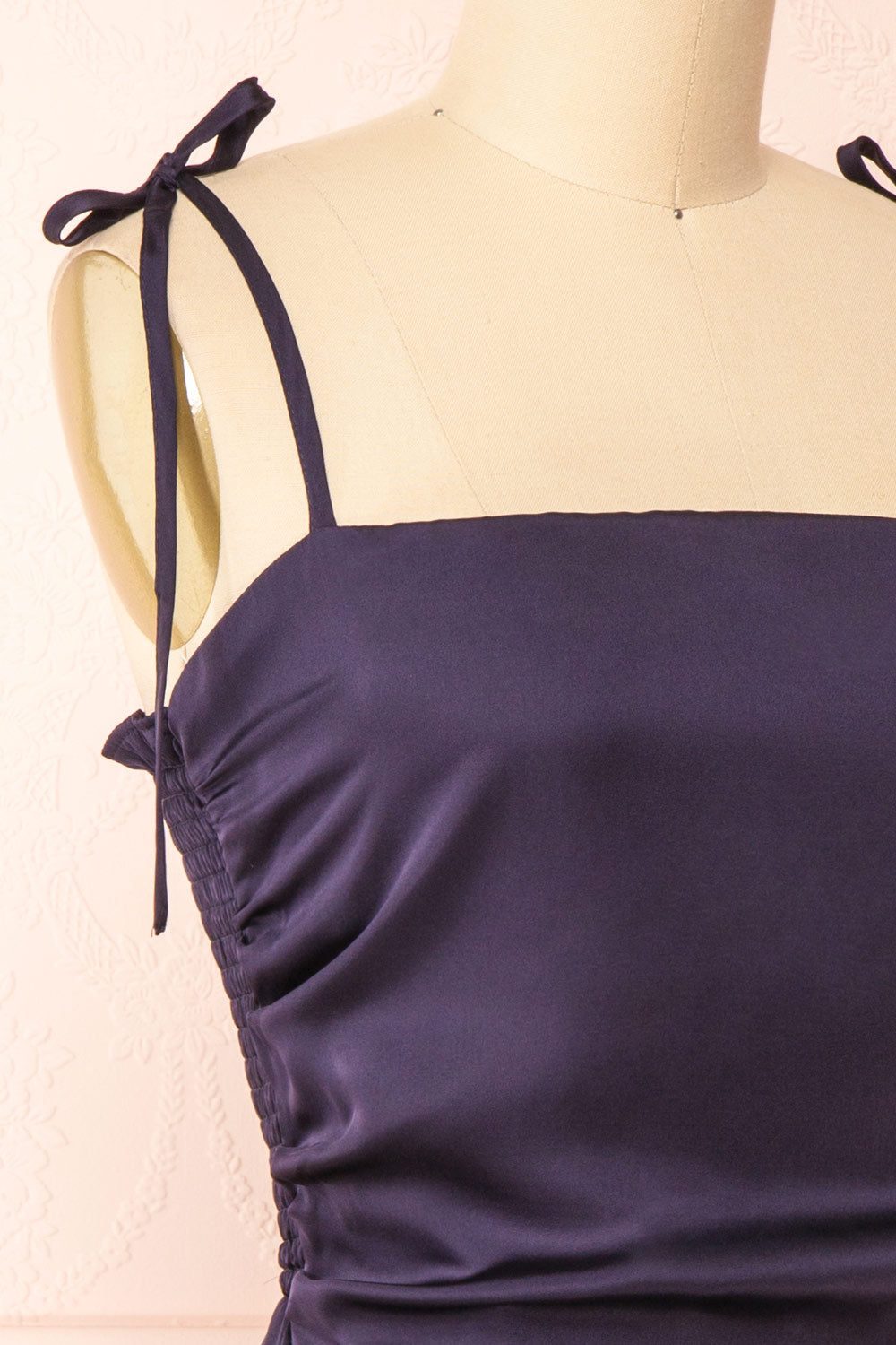 Sarah Navy Short Satin Dress w/ Tie Straps | Boutique 1861 side close-up