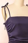 Sarah Navy Short Satin Dress w/ Tie Straps | Boutique 1861 side close-up
