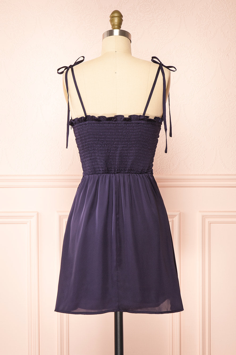 Sarah Navy Short Satin Dress w/ Tie Straps | Boutique 1861 back view