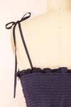 Sarah Navy Short Satin Dress w/ Tie Straps | Boutique 1861 back close-up