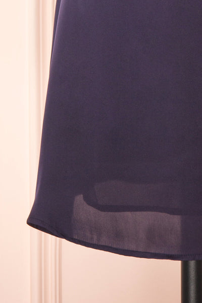 Sarah Navy Short Satin Dress w/ Tie Straps | Boutique 1861 bottom