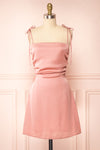 Sarah Pink Short Satin Dress w/ Tie Straps | Boutique 1861 front view