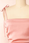 Sarah Pink Short Satin Dress w/ Tie Straps | Boutique 1861 front close-up