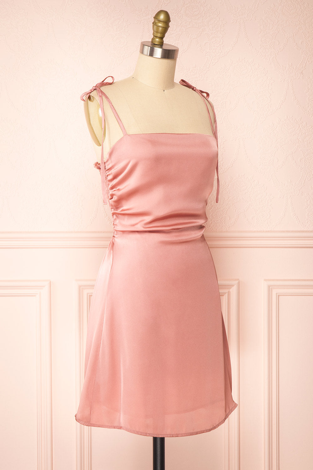 Sarah Pink Short Satin Dress w/ Tie Straps | Boutique 1861 side view