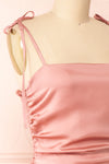 Sarah Pink Short Satin Dress w/ Tie Straps | Boutique 1861 side close-up