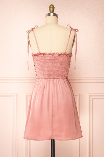 Sarah Pink Short Satin Dress w/ Tie Straps | Boutique 1861 back view
