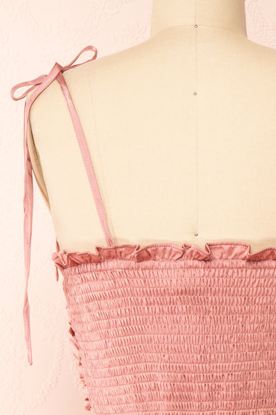 Sarah Pink Short Satin Dress w/ Tie Straps | Boutique 1861 back close-up